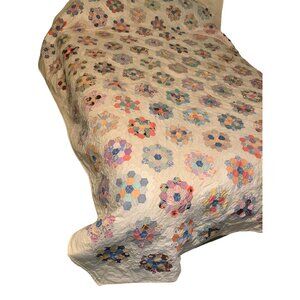 VTG Grandmothers Flower Garden Twin Quilt Floral Pattern Hand Sewn Hexagon W76"